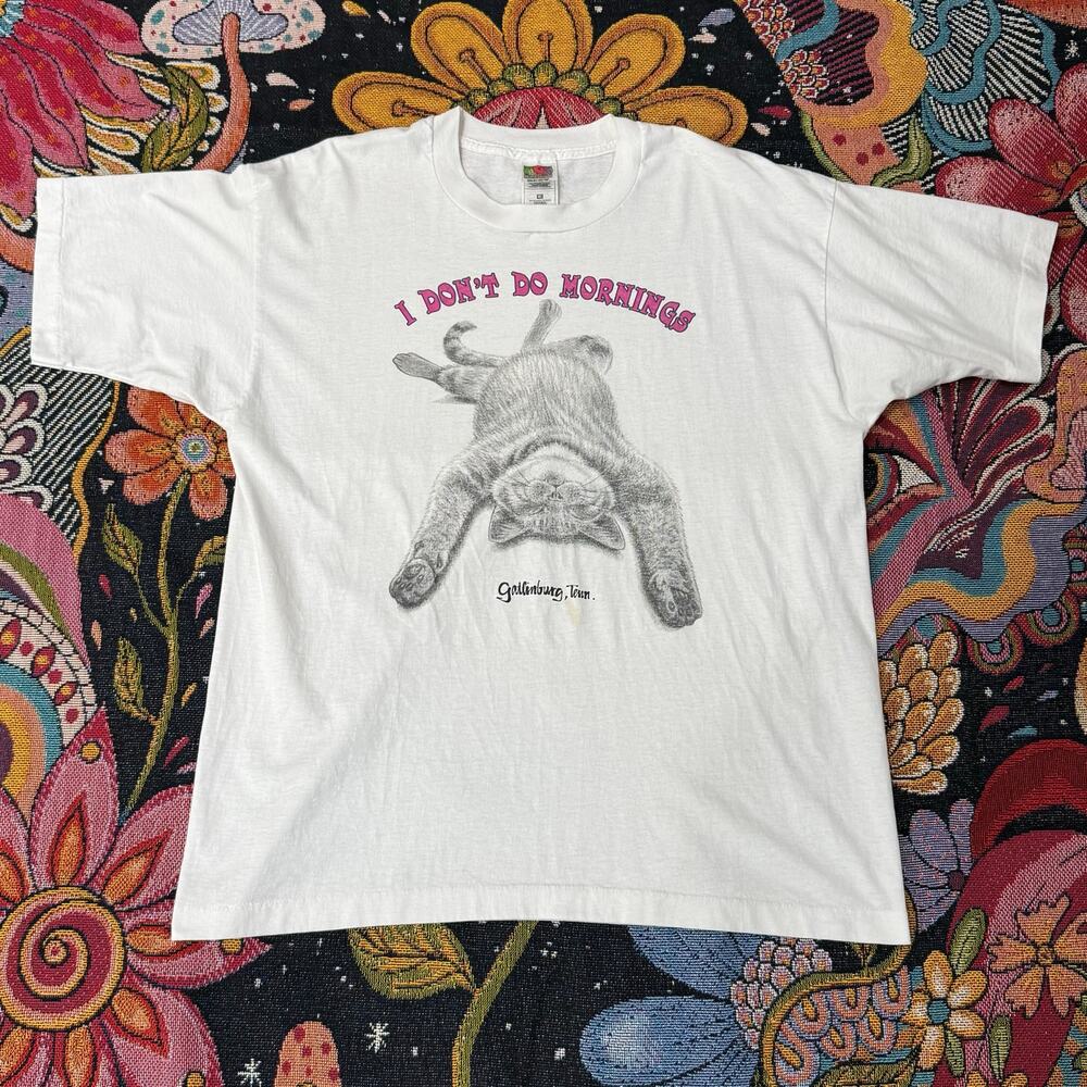 Vintage 90s Single Stitch I Don't Do Mornings Cat Gatlinburg TN Graphic Tee XL